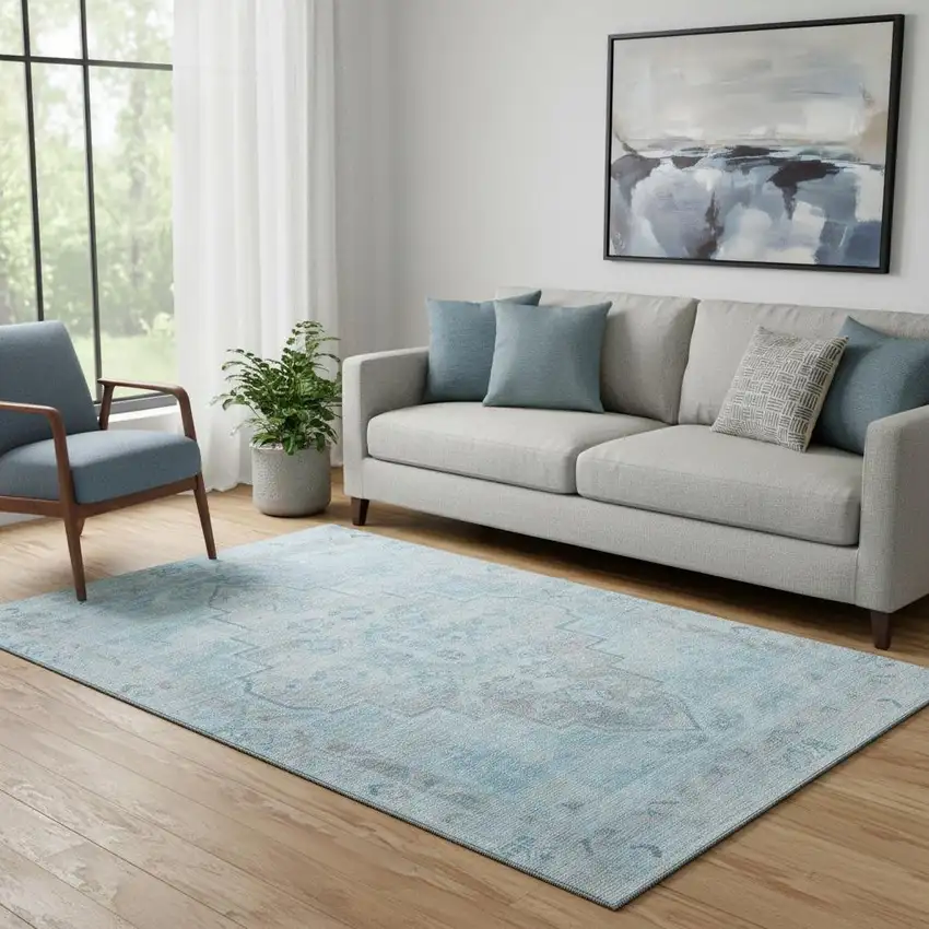 Sky Blue And Gray Medallion Washable Area Rug With UV Protection Photo 2