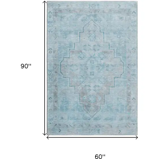Sky Blue And Gray Medallion Washable Area Rug With UV Protection Photo 9