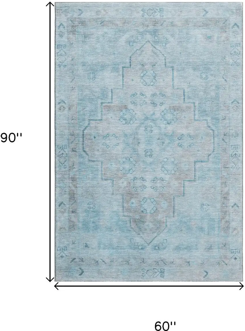 Sky Blue And Gray Medallion Washable Area Rug With UV Protection Photo 9