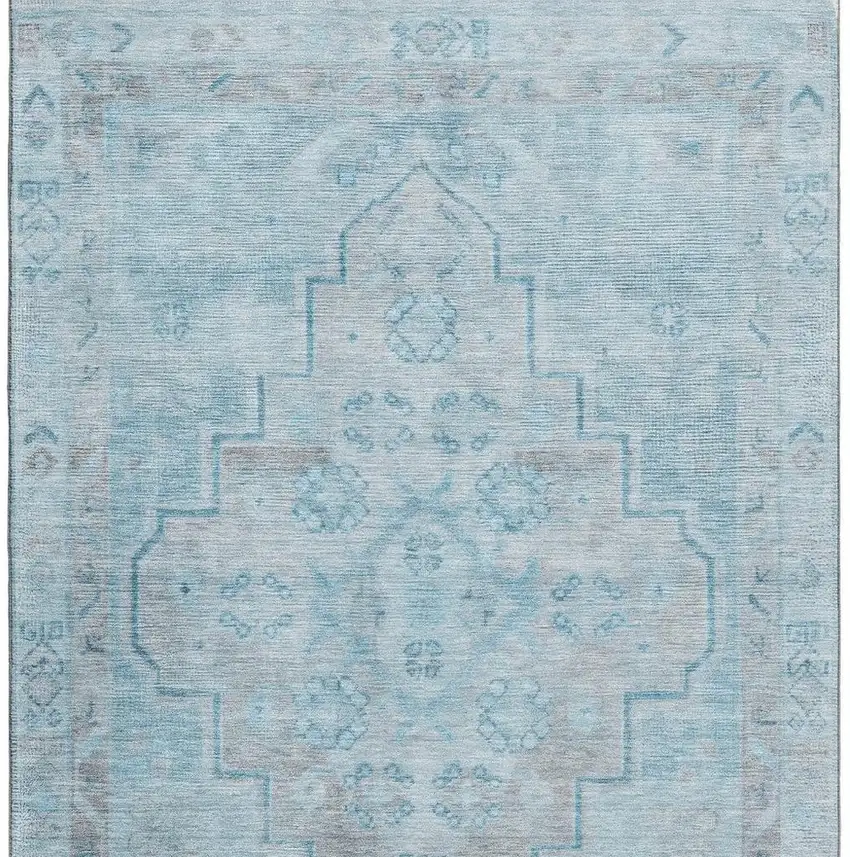 Sky Blue And Gray Medallion Washable Area Rug With UV Protection Photo 4