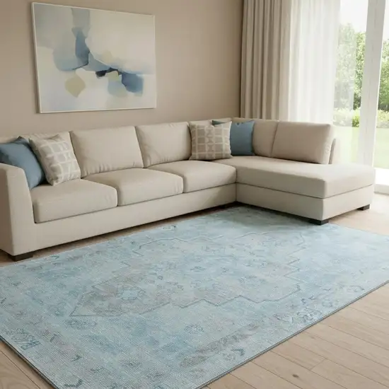 Sky Blue And Gray Medallion Washable Area Rug With UV Protection Photo 2