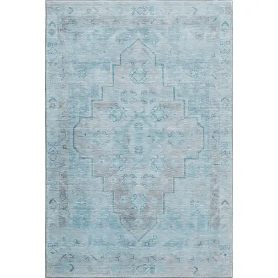 Sky Blue And Gray Medallion Washable Area Rug With UV Protection Photo 1