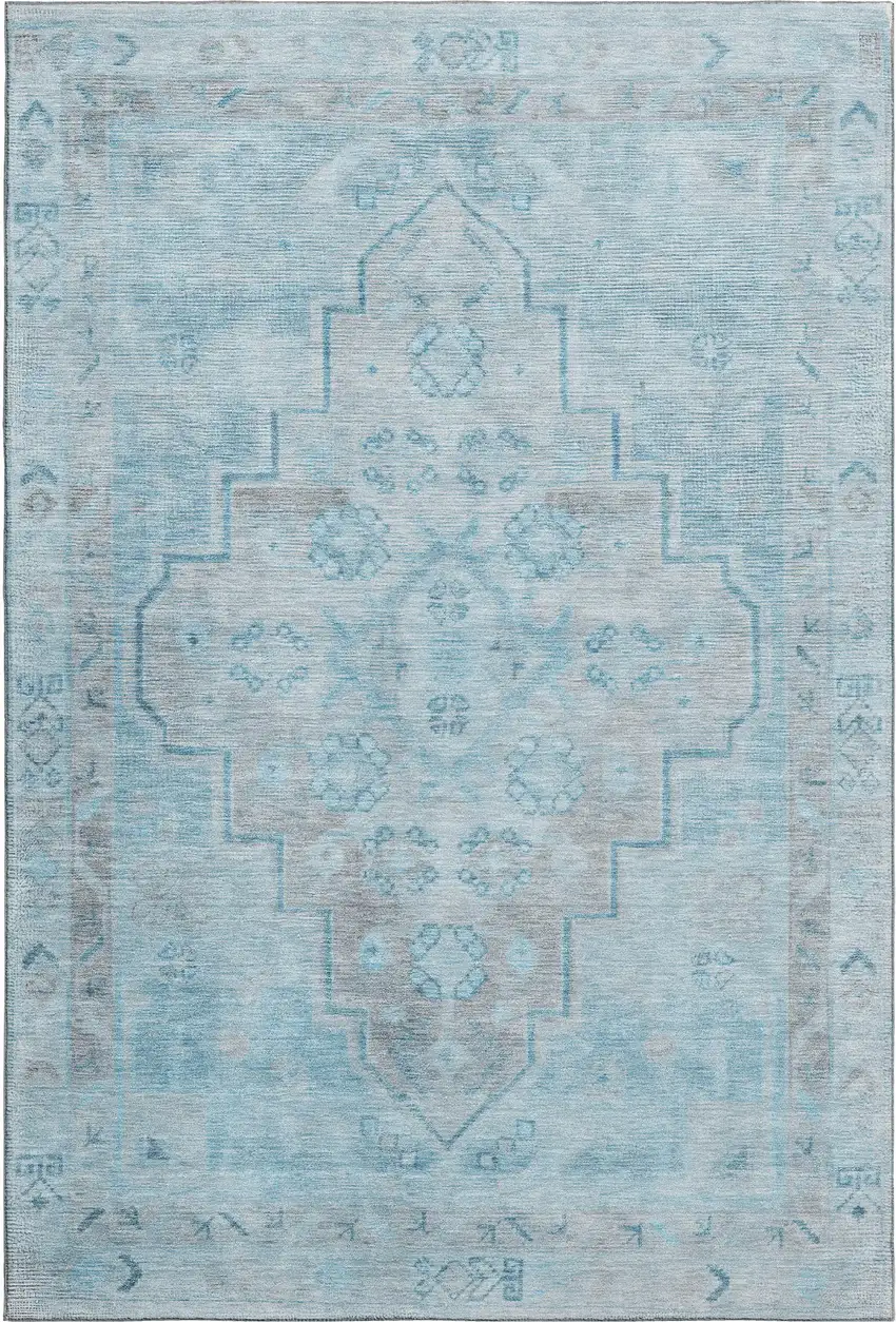 Sky Blue And Gray Medallion Washable Area Rug With UV Protection Photo 1