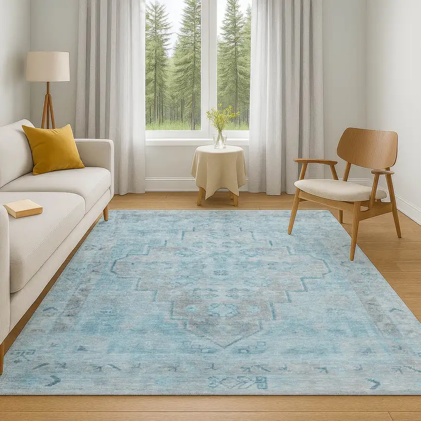Sky Blue And Gray Medallion Washable Area Rug With UV Protection Photo 6