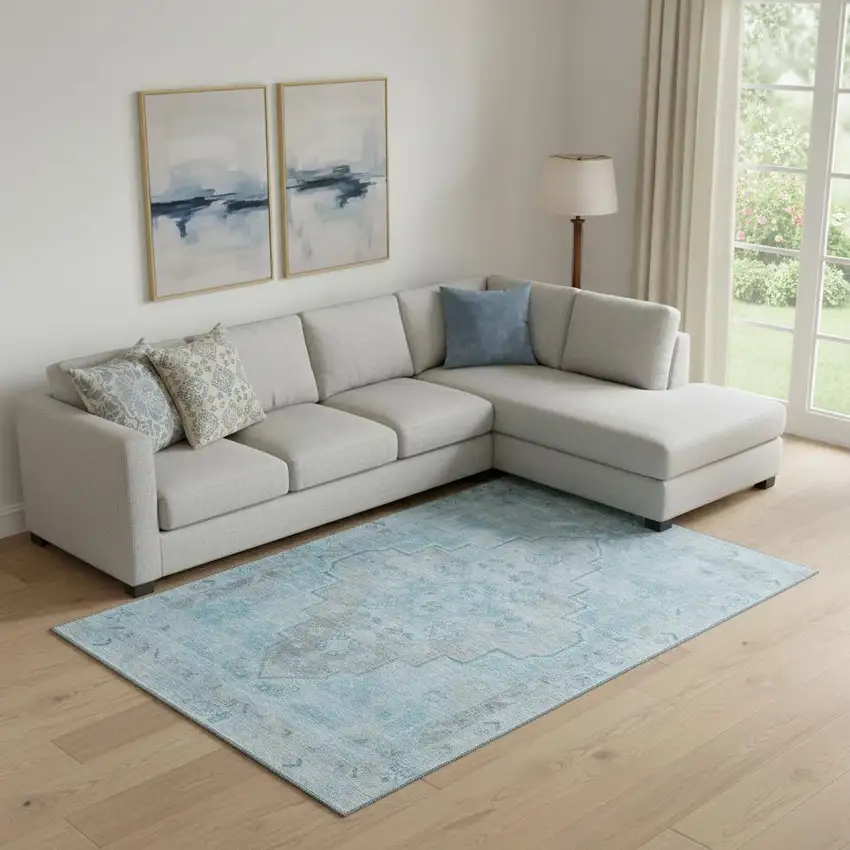 Sky Blue And Gray Medallion Washable Area Rug With UV Protection Photo 2