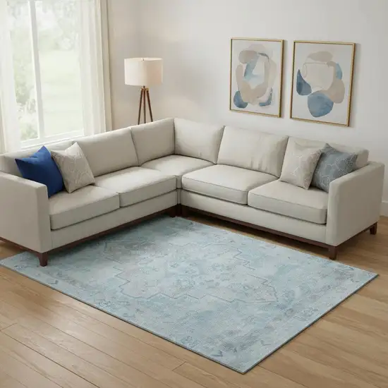 Sky Blue And Gray Medallion Washable Area Rug With UV Protection Photo 2