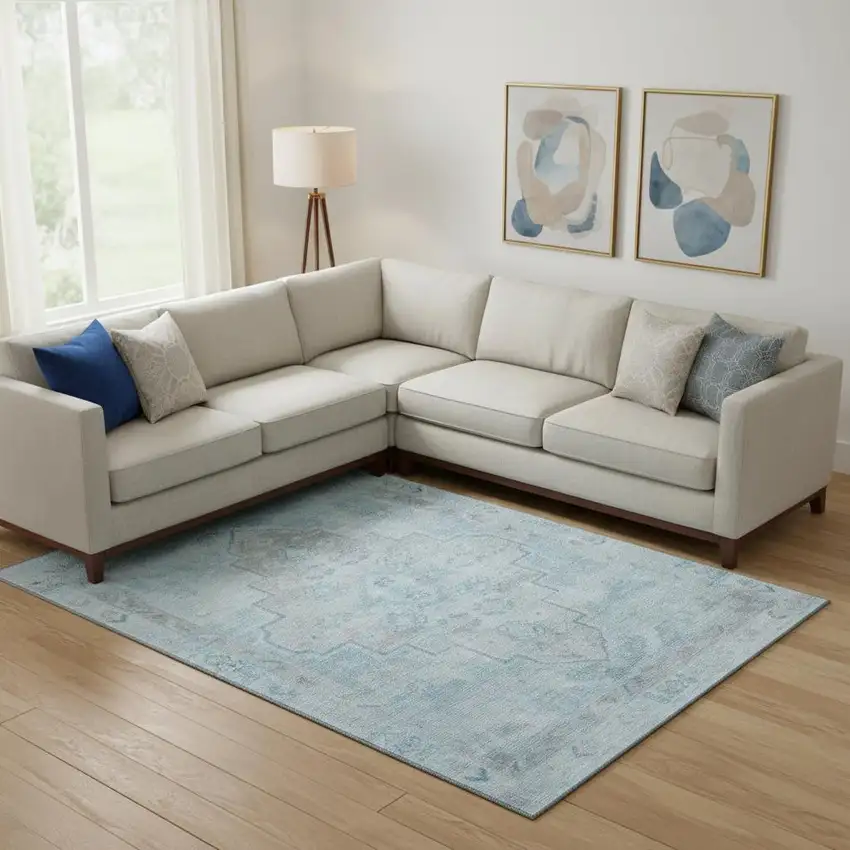 Sky Blue And Gray Medallion Washable Area Rug With UV Protection Photo 2