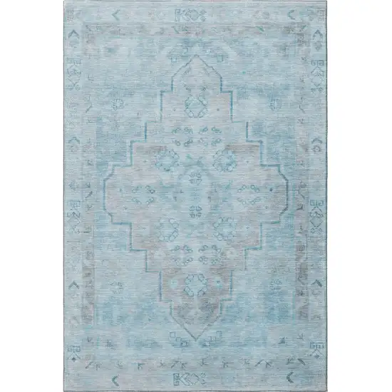 Sky Blue And Gray Medallion Washable Area Rug With UV Protection Photo 3