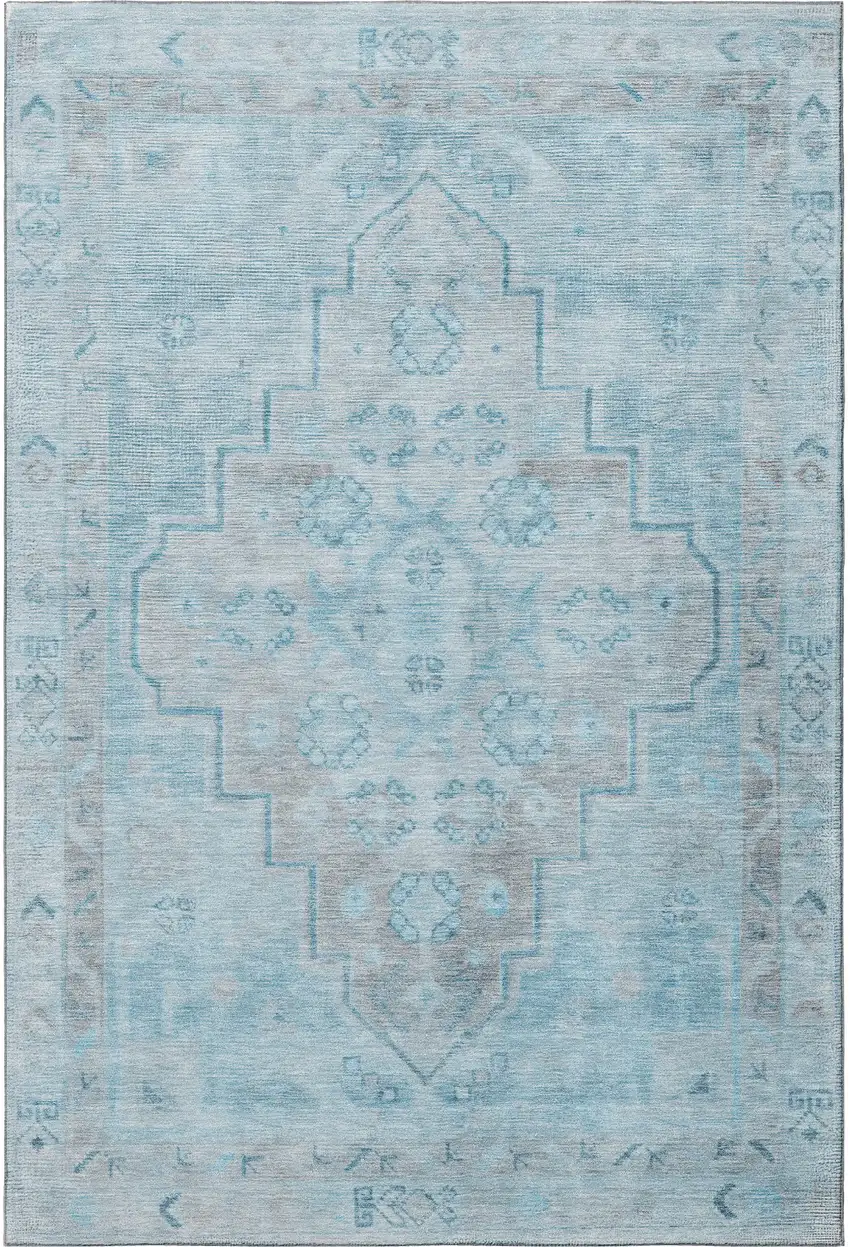 Sky Blue And Gray Medallion Washable Area Rug With UV Protection Photo 3
