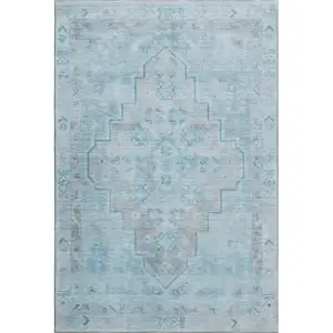 Photo of Sky Blue And Gray Medallion Washable Area Rug With UV Protection