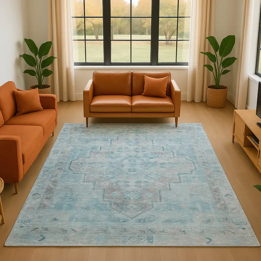 Sky Blue And Gray Medallion Washable Area Rug With UV Protection Photo 4