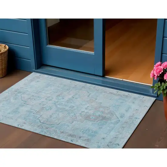 Sky Blue And Gray Medallion Washable Indoor Outdoor Area Rug Photo 2
