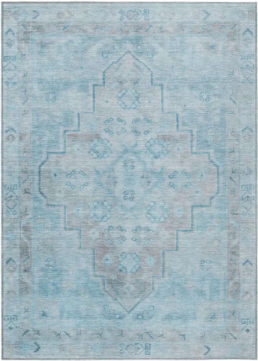 Sky Blue And Gray Medallion Washable Indoor Outdoor Area Rug Photo 1