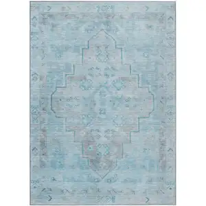 Photo of Sky Blue And Gray Medallion Washable Indoor Outdoor Area Rug