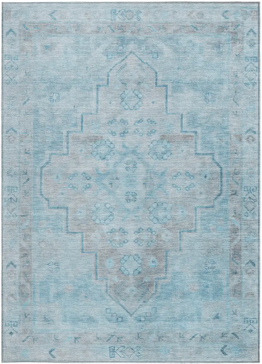 Sky Blue And Gray Medallion Washable Indoor Outdoor Area Rug Photo 3
