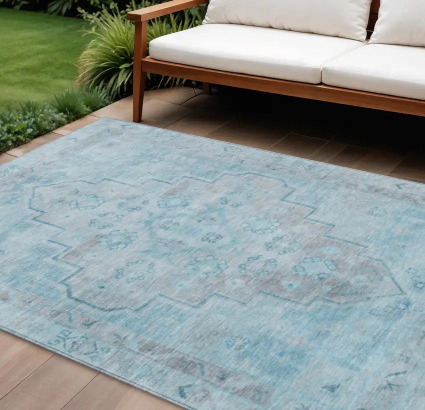 Sky Blue And Gray Medallion Washable Indoor Outdoor Area Rug Photo 2