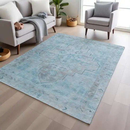 Sky Blue And Gray Medallion Washable Indoor Outdoor Area Rug Photo 6