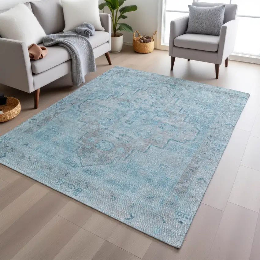 Sky Blue And Gray Medallion Washable Indoor Outdoor Area Rug Photo 6