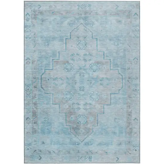 Sky Blue And Gray Medallion Washable Indoor Outdoor Area Rug Photo 1