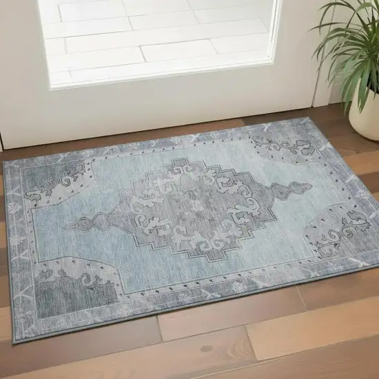 Sky Blue And Gray Oriental Washable Area Rug With UV Protection Photo 2
