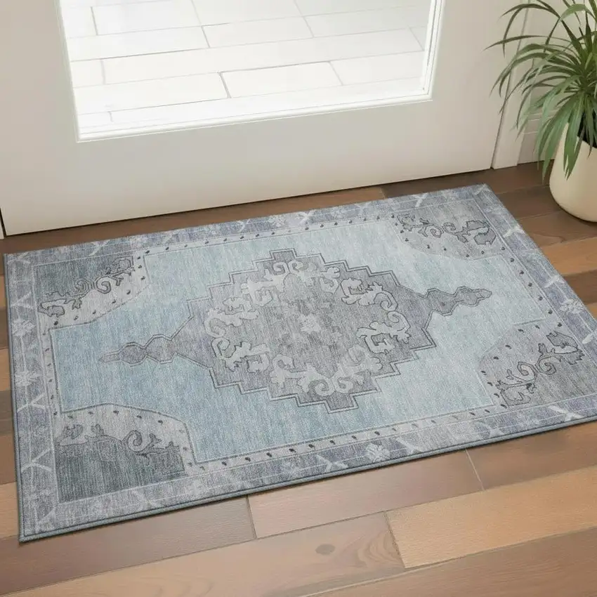 Sky Blue And Gray Oriental Washable Area Rug With UV Protection Photo 2