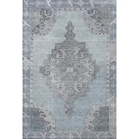 Sky Blue And Gray Oriental Washable Area Rug With UV Protection Photo 1