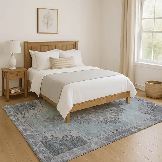 Sky Blue And Gray Oriental Washable Area Rug With UV Protection Photo 5