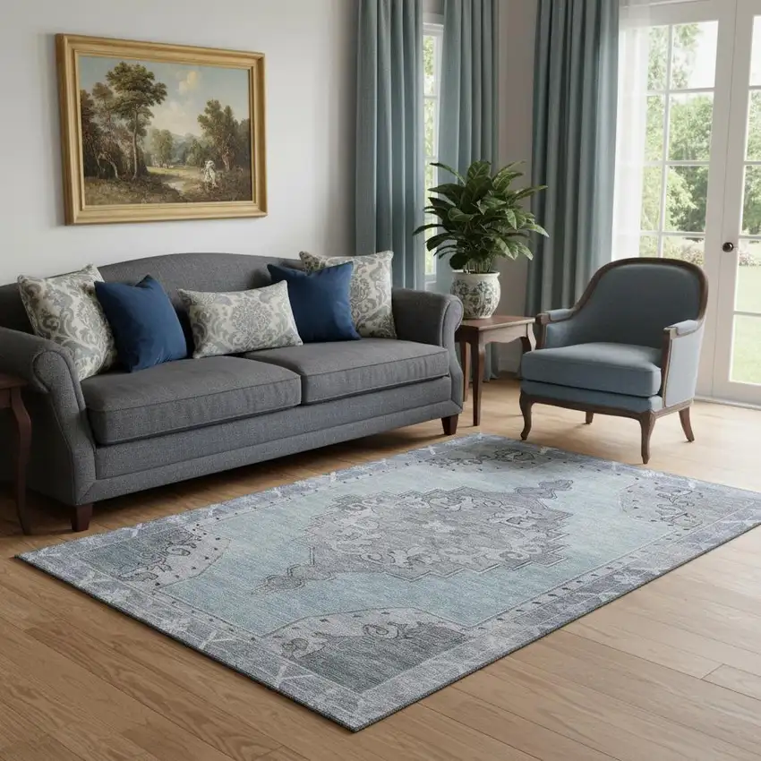 Sky Blue And Gray Oriental Washable Area Rug With UV Protection Photo 2