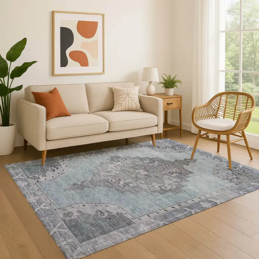 Sky Blue And Gray Oriental Washable Area Rug With UV Protection Photo 4
