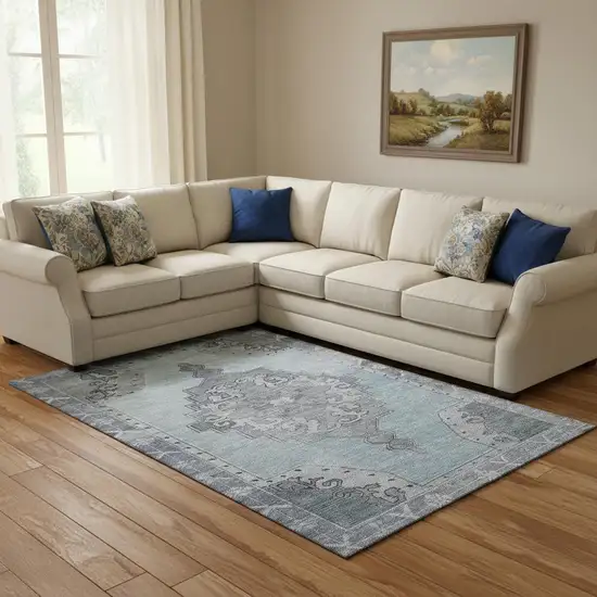 Sky Blue And Gray Oriental Washable Area Rug With UV Protection Photo 2