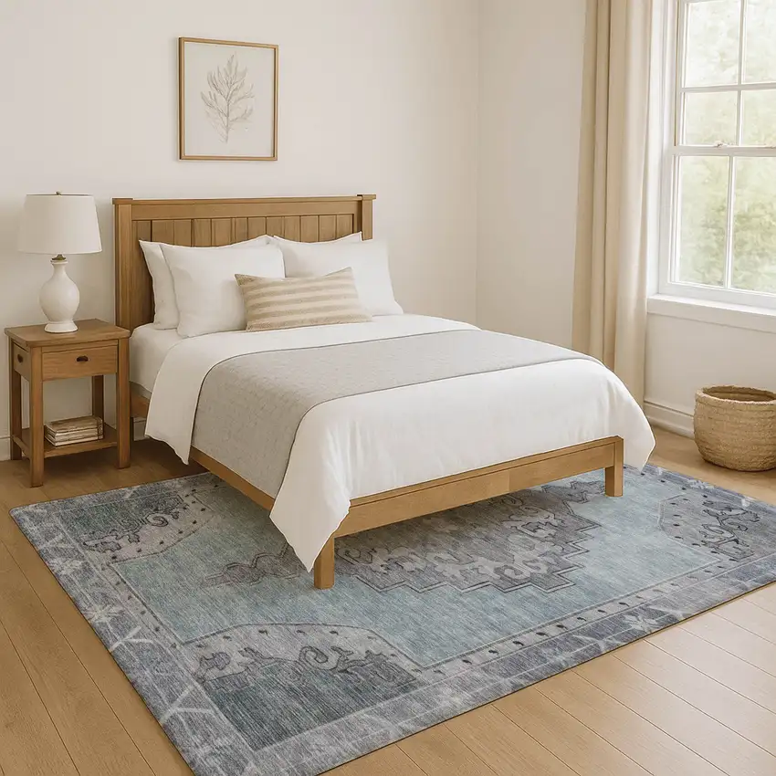 Sky Blue And Gray Oriental Washable Area Rug With UV Protection Photo 5