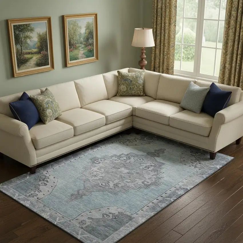 Sky Blue And Gray Oriental Washable Area Rug With UV Protection Photo 2