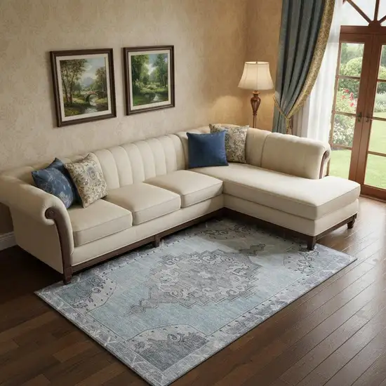 Sky Blue And Gray Oriental Washable Area Rug With UV Protection Photo 2