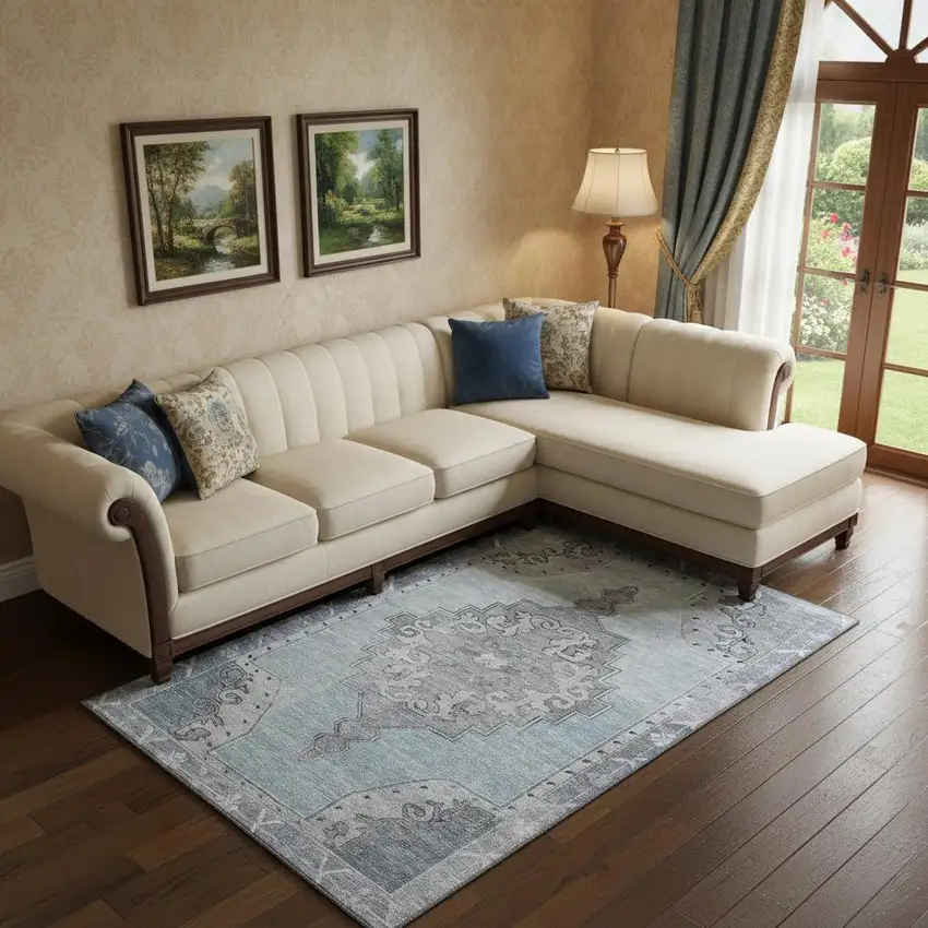 Sky Blue And Gray Oriental Washable Area Rug With UV Protection Photo 2