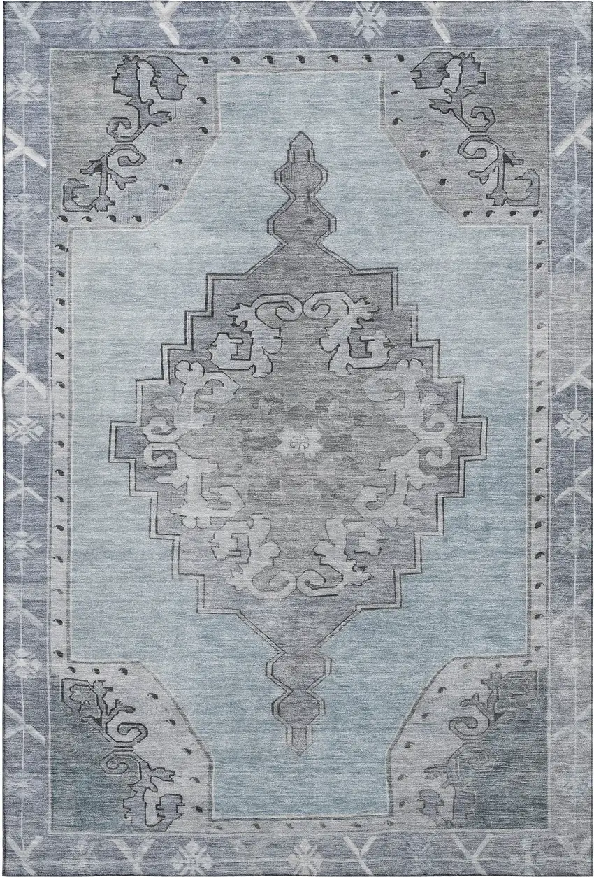 Sky Blue And Gray Oriental Washable Area Rug With UV Protection Photo 1