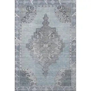 Photo of Sky Blue And Gray Oriental Washable Area Rug With UV Protection