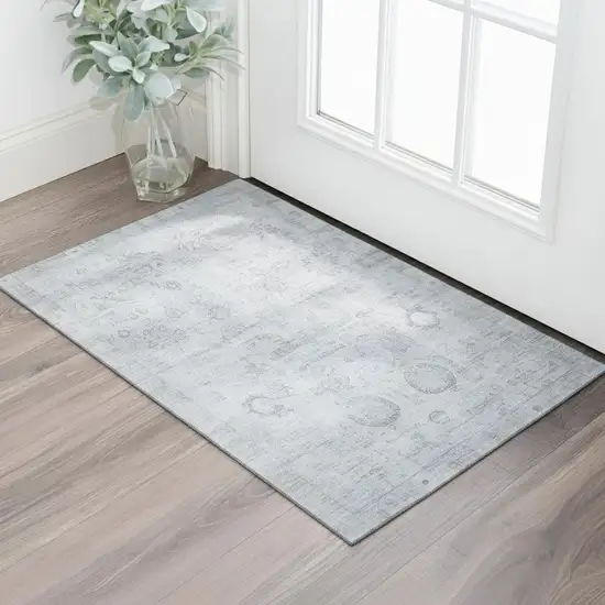 Sky Blue And Gray Oriental Washable Area Rug With UV Protection Photo 2