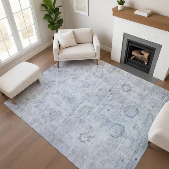 Sky Blue And Gray Oriental Washable Area Rug With UV Protection Photo 4