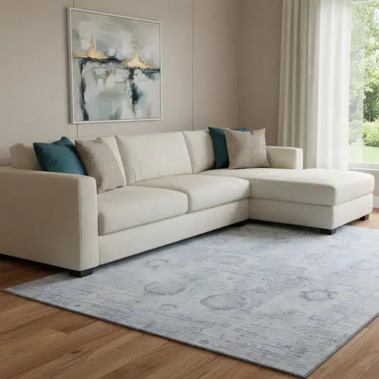 Sky Blue And Gray Oriental Washable Area Rug With UV Protection Photo 2