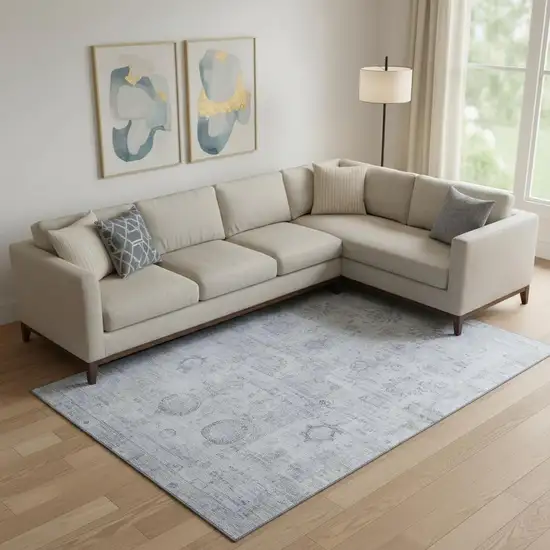 Sky Blue And Gray Oriental Washable Area Rug With UV Protection Photo 2