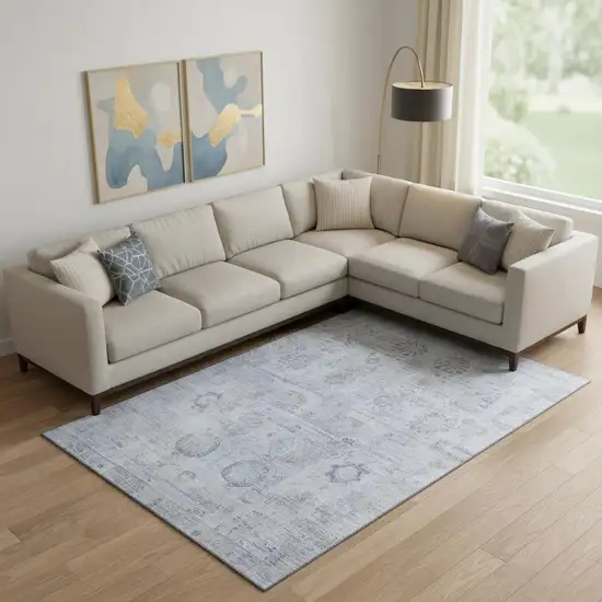 Sky Blue And Gray Oriental Washable Area Rug With UV Protection Photo 2