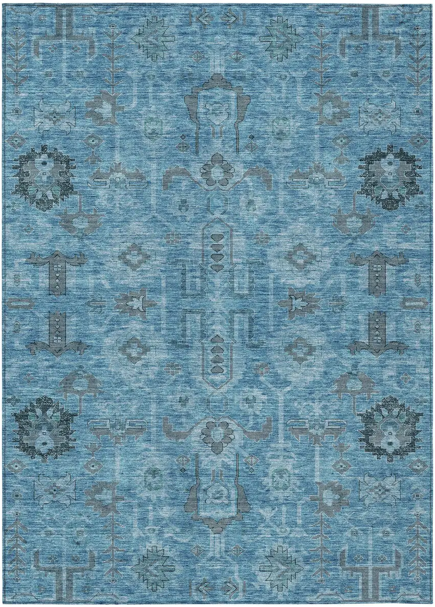 Sky Blue And Gray Oriental Washable Indoor Outdoor Area Rug Photo 1