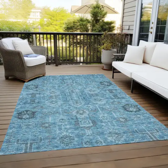 Sky Blue And Gray Oriental Washable Indoor Outdoor Area Rug Photo 9
