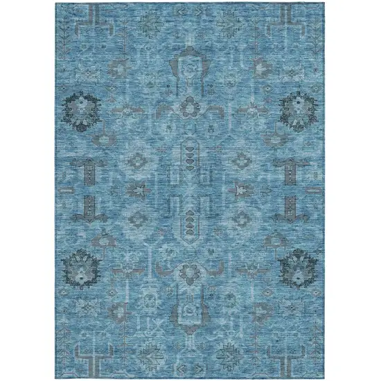 Sky Blue And Gray Oriental Washable Indoor Outdoor Area Rug Photo 5