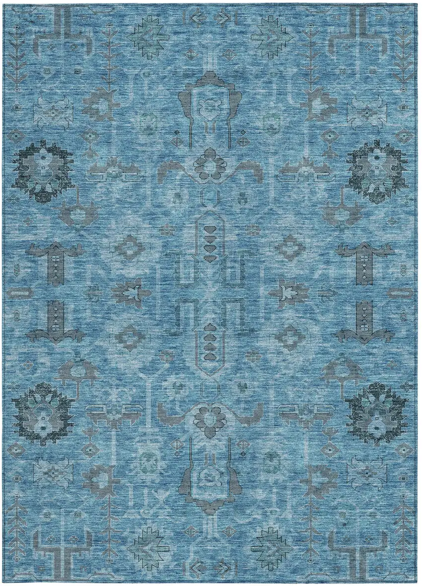 Sky Blue And Gray Oriental Washable Indoor Outdoor Area Rug Photo 5