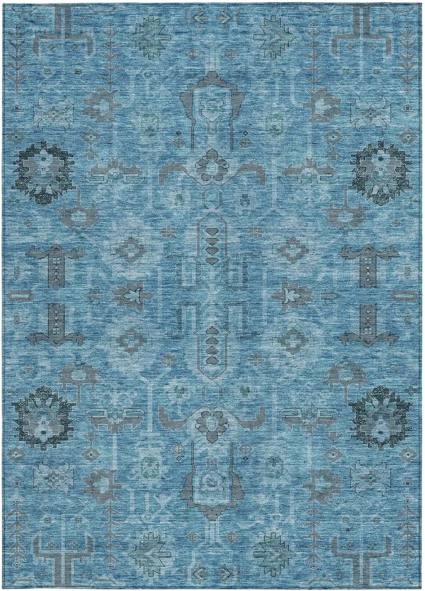 Sky Blue And Gray Oriental Washable Indoor Outdoor Area Rug Photo 5