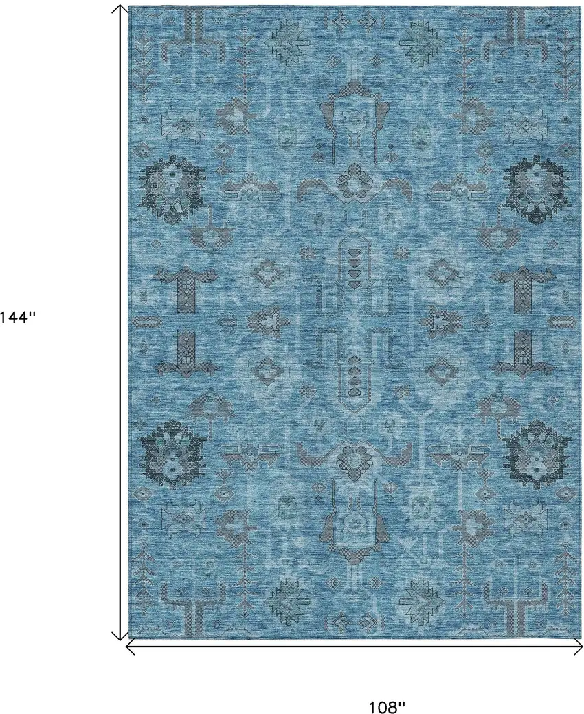 Sky Blue And Gray Oriental Washable Indoor Outdoor Area Rug Photo 3