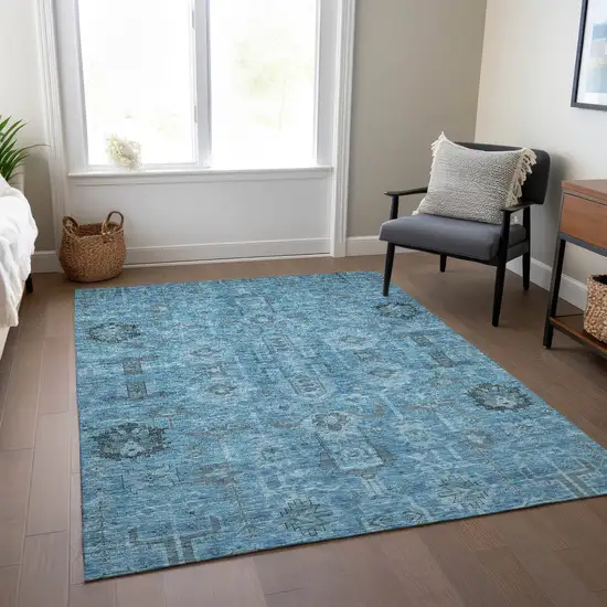Sky Blue And Gray Oriental Washable Indoor Outdoor Area Rug Photo 7