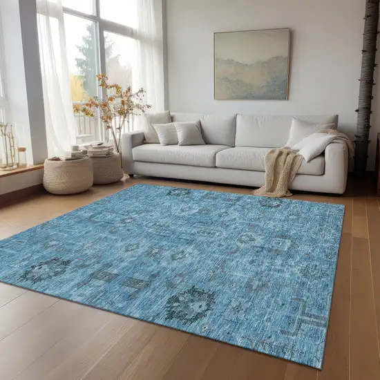Sky Blue And Gray Oriental Washable Indoor Outdoor Area Rug Photo 8