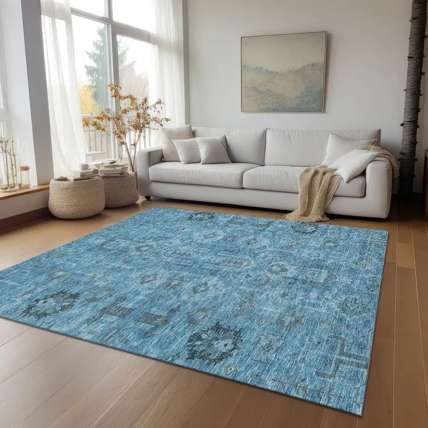 Sky Blue And Gray Oriental Washable Indoor Outdoor Area Rug Photo 8